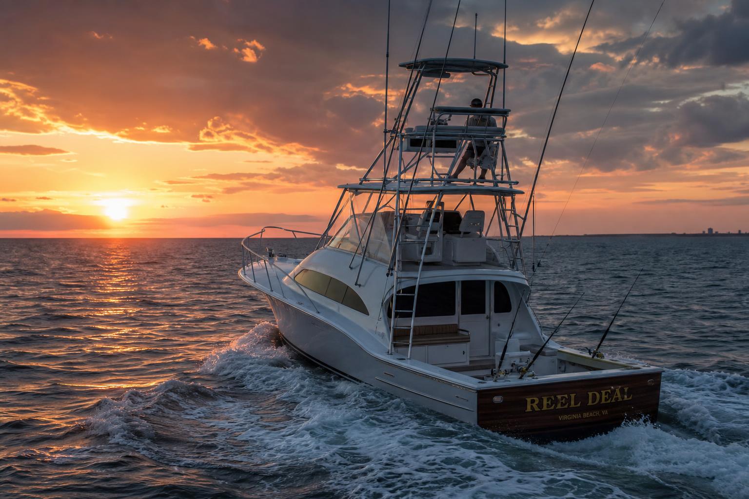 Sport fishing boat on the open ocean at dawn